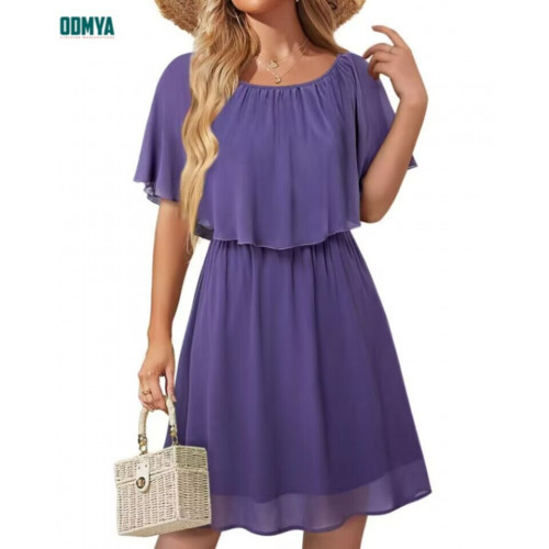 Chiffon Ruffle Elastic Round Neck Dress