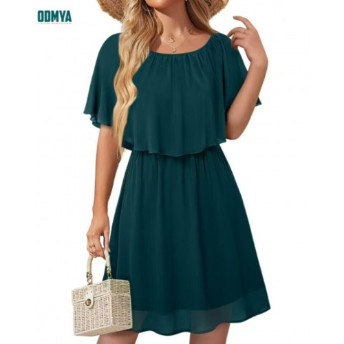 Chiffon Ruffle Elastic Round Neck Dress