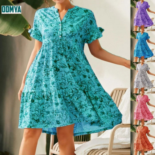 V-neck single breasted short sleeved printed dress