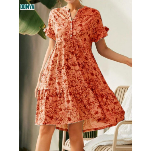 V-neck single breasted short sleeved printed dress