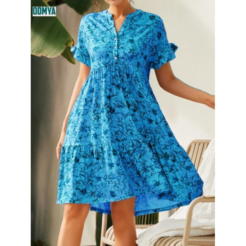 V-Neck Single Breasted Short Sleeved Printed Dress Supplier