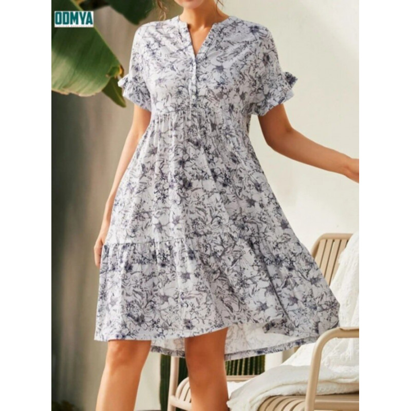 V-Neck Single Breasted Short Sleeved Printed Dress Supplier