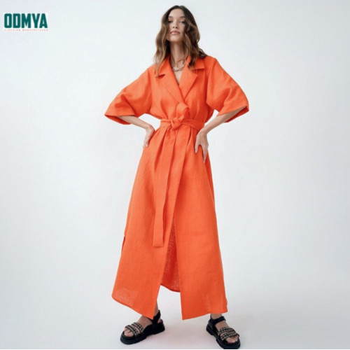 Lapel suit style dress cotton linen waist long skirt