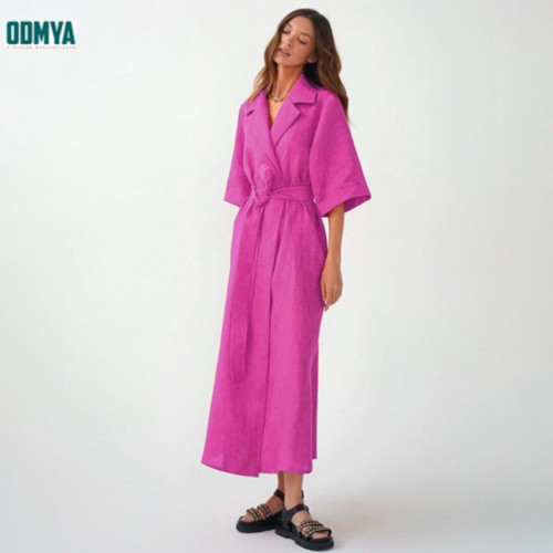 Lapel suit style dress cotton linen waist long skirt