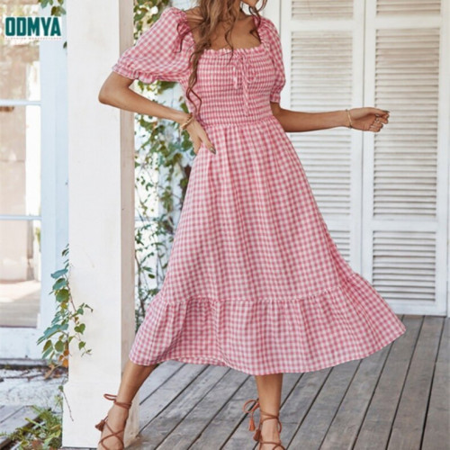 Summer square neck plaid printed soft dress
