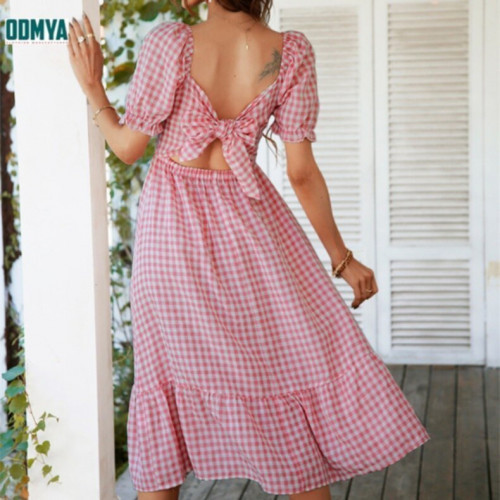 Summer square neck plaid printed soft dress