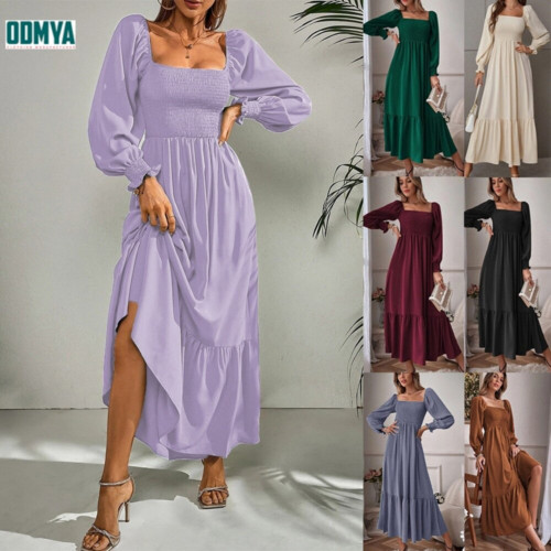 Square neck long sleeved thin soft dress