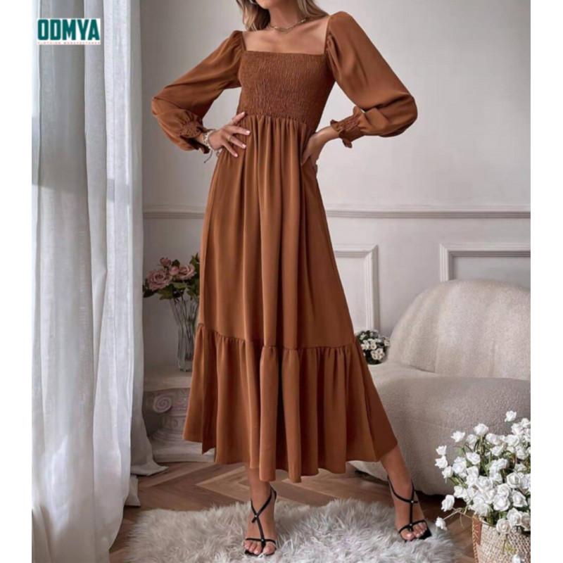 Square Neck Long Sleeved Thin Soft Dress Supplier