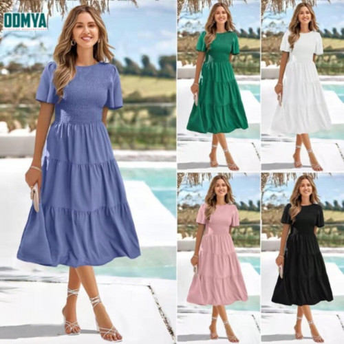 Waist Fold Short Sleeve Holiday Dress Beautiful Women Dress