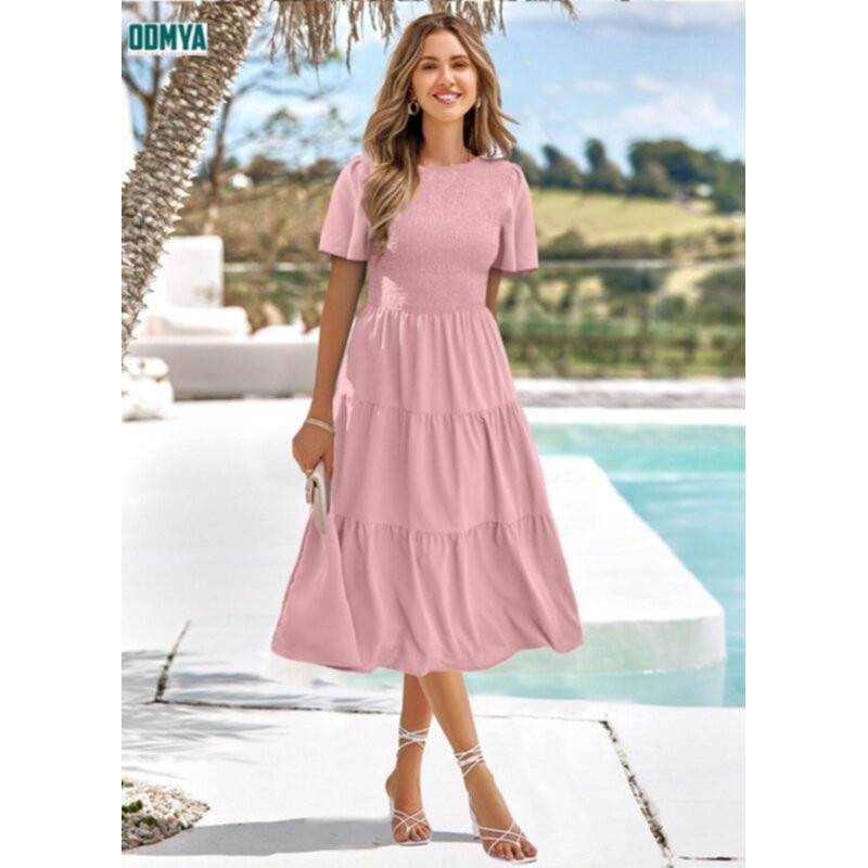 Waist Fold Short Sleeve Holiday Dress Beautiful Women Dress Supplier
