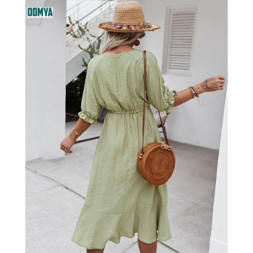 V-neck hollowed out artistic fresh waistband dress