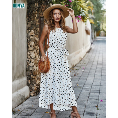 Summer polka dot holiday style halter neck dress