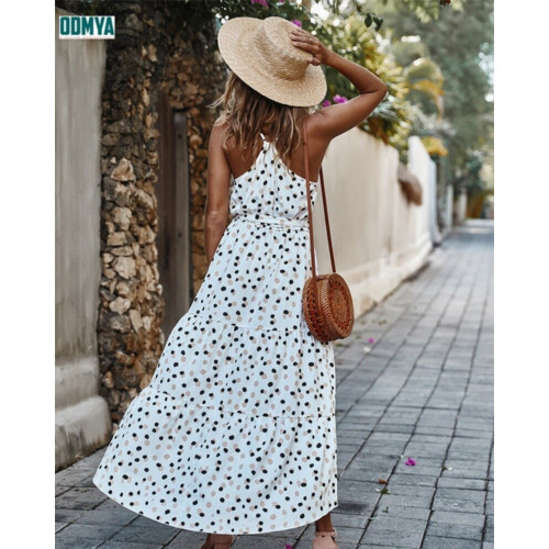 Summer polka dot holiday style halter neck dress