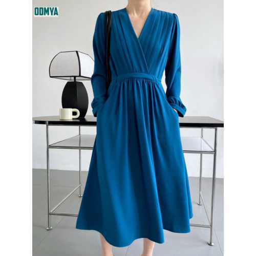Elegant V-neck Waist Fold Long Sleeve Dress