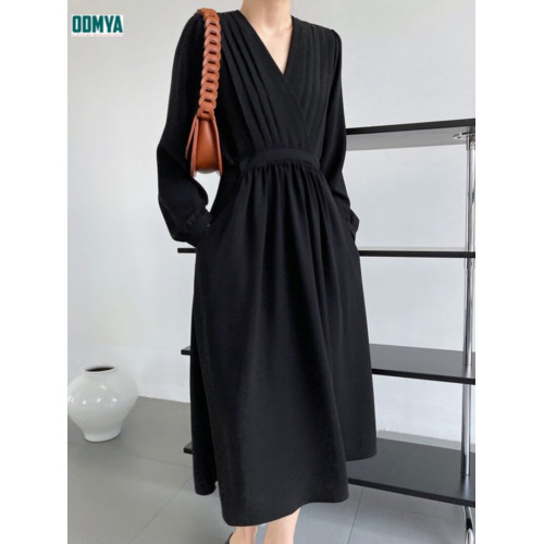 Elegant V-neck Waist Fold Long Sleeve Dress