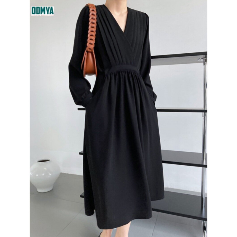 Elegant V-Neck Waist Fold Long Sleeve Dress Supplier