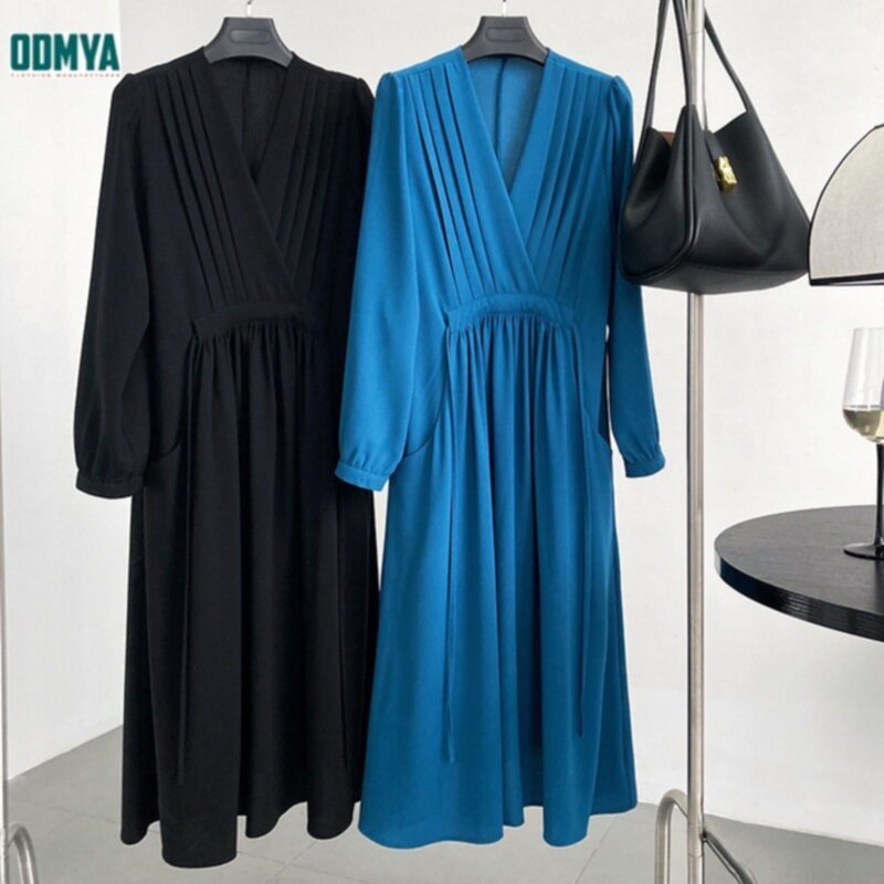 Elegant V-Neck Waist Fold Long Sleeve Dress Supplier
