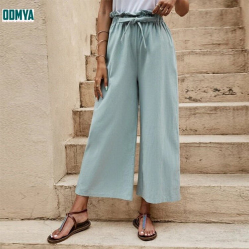 Women's cotton and linen wide leg pants with elastic flower bud waist