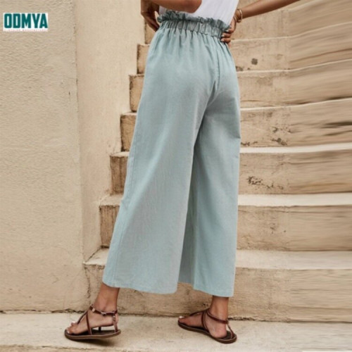 Women's cotton and linen wide leg pants with elastic flower bud waist