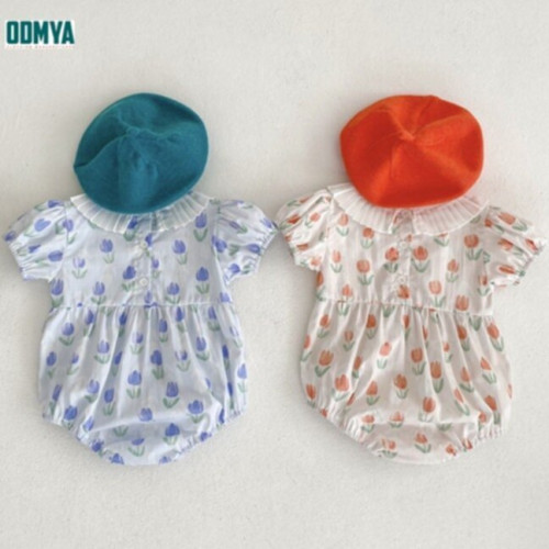 Sweet Tulip Printed Baby Girl Crew Neck Rompers