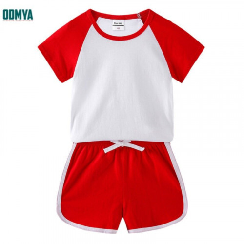 Simple solid color children's round neck T-shirt shorts set