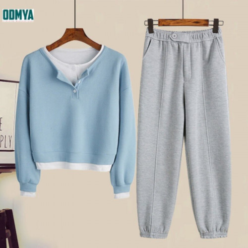 Spring new fake two-piece round neck sweater sports suit
