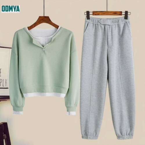 Spring new fake two-piece round neck sweater sports suit