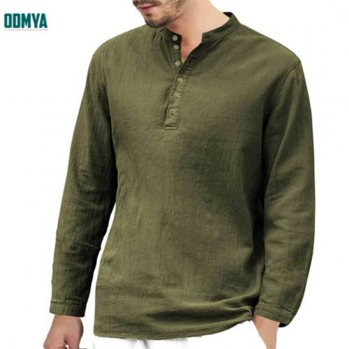 Solid cotton linen long sleeve round neck button shirt
