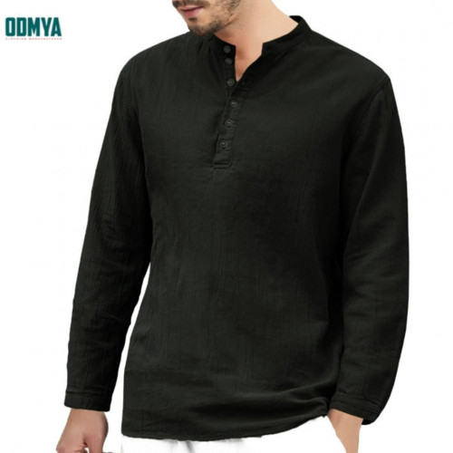 Solid cotton linen long sleeve round neck button shirt