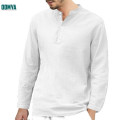 Solid Cotton Linen Long Sleeve Round Neck Button Shirt Supplier