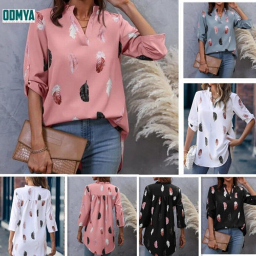 V-neck printed loose length pullover shirt