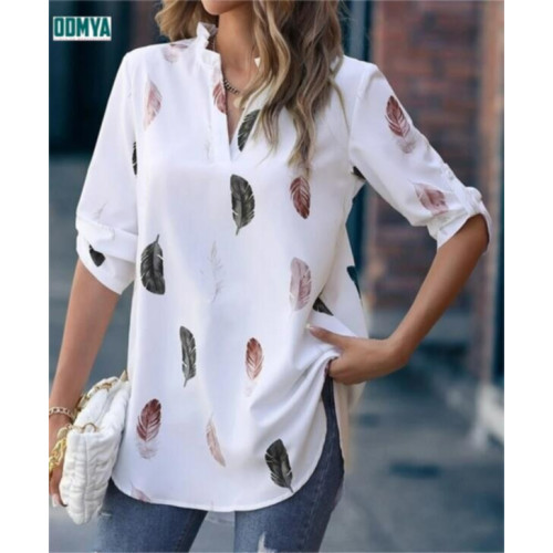 V-neck printed loose length pullover shirt
