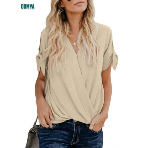 V-neck pleated chiffon short sleeved shirt