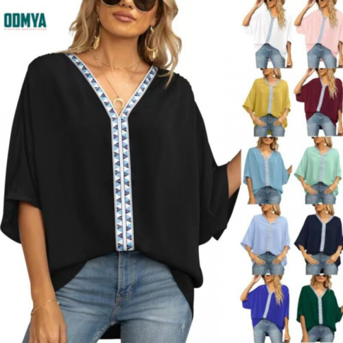 V-neck medium long sleeved lightweight chiffon shirt