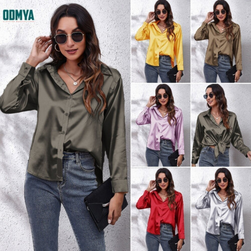 Solid color simulated silk smooth long sleeved shirt