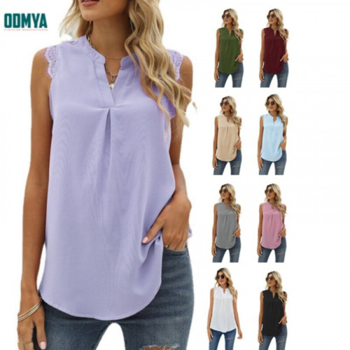 V-neck sleeveless lace loose blouse tops