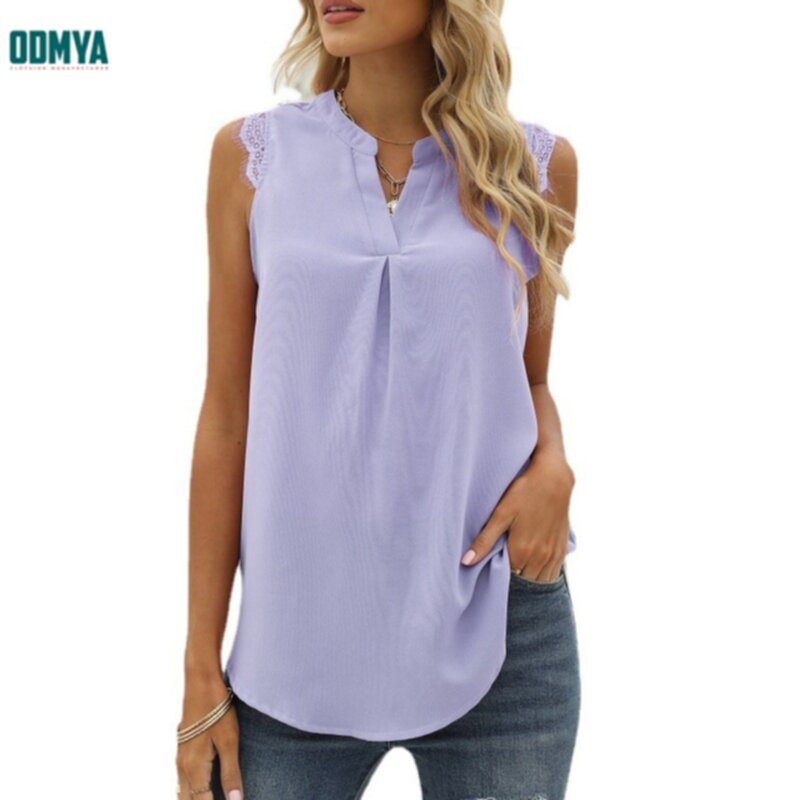 V-Neck Sleeveless Lace Loose Blouse Tops Supplier