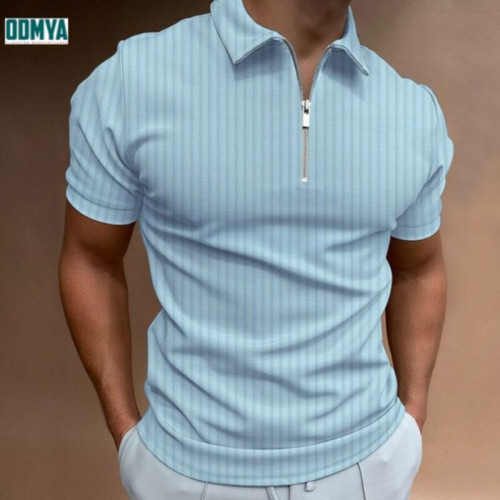 Men's zip lapel vertical stripe T-shirt