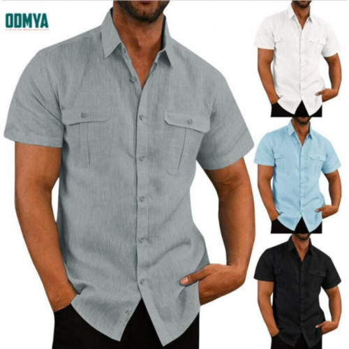 Solid color pocket single breasted short sleeved men's shirt