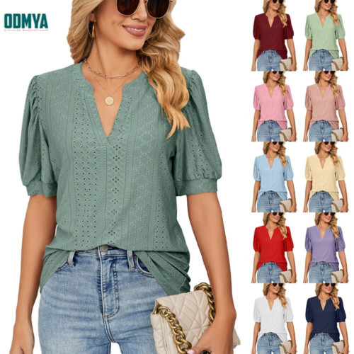 Solid color hollowed out bubble sleeved short sleeved top