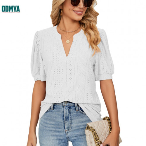 Solid color hollowed out bubble sleeved short sleeved top