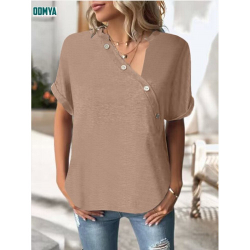 Solid button embellished diagonal neckline short sleeved top