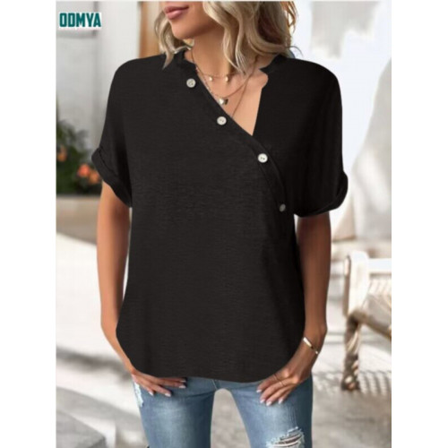 Solid button embellished diagonal neckline short sleeved top