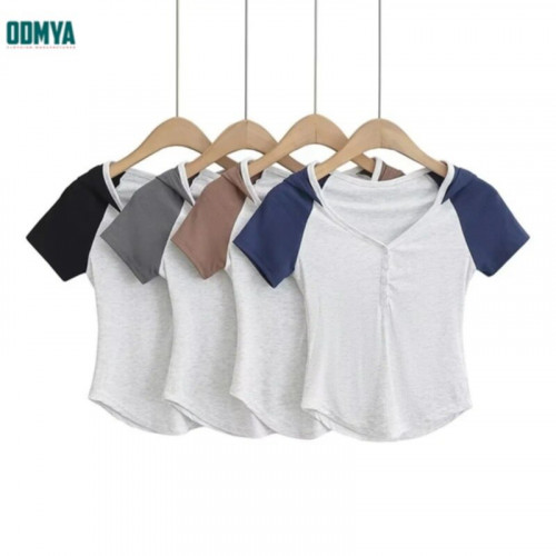 Retro Contrast Raglan Sleeve Hooded Slim Fit Short Sleeve Top
