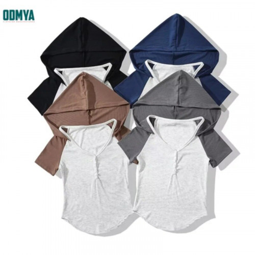 Retro Contrast Raglan Sleeve Hooded Slim Fit Short Sleeve Top