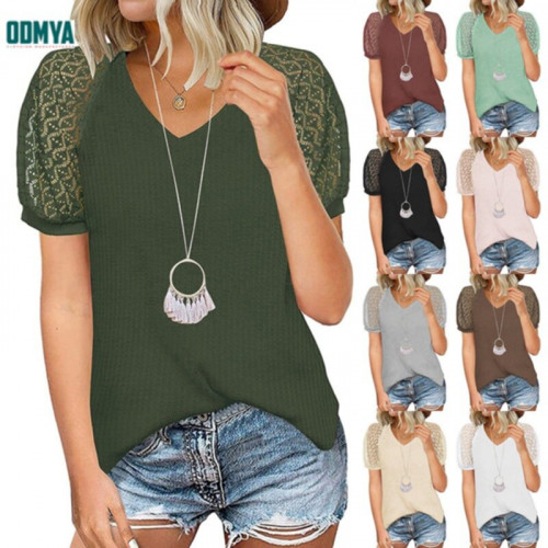 Lace patchwork short sleeved V-neck T-shirt top