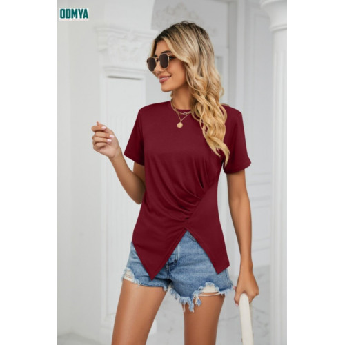 Summer New Solid Round Neck Pleated Short Sleeve Top