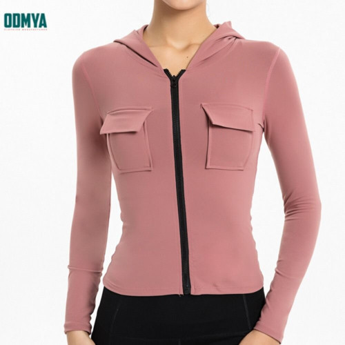 Zipper Placket Hooded Long Sleeve Women Yoga Cardigan