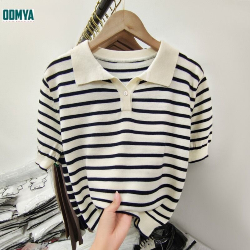 Knitted Stripe Polo T-Shirt Thin Summer Pullover Tops Supplier