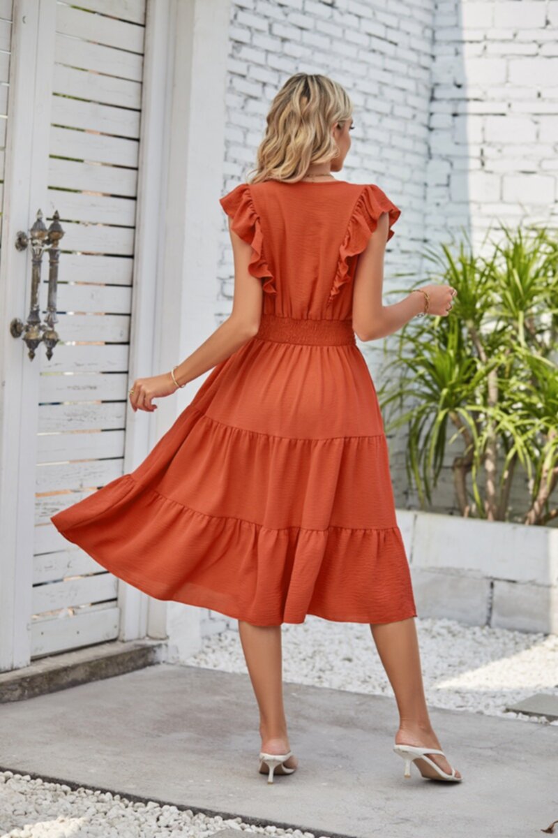 Summer Coloful Lace Sleeves V-neck Pleated Dress